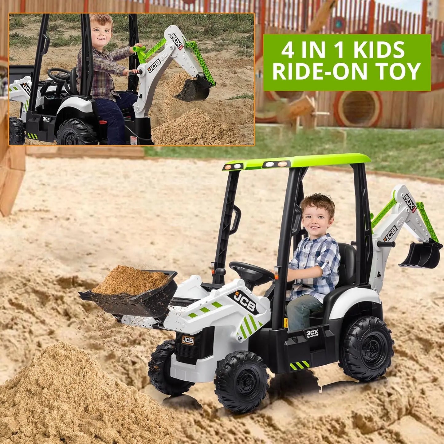 12V JCB Electric Backhoe Loader Toy Car, Battery Powered Ride on Excavator & Wheel Loader Construction Vehicle Toys w/Remote Con