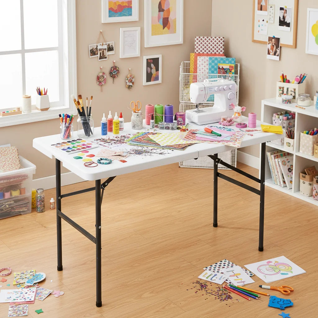 4 FT Folding Table Outdoor Indoor Heavy Duty Portable Desk with Carrying Handle for Camping Picnic Party, Plastic