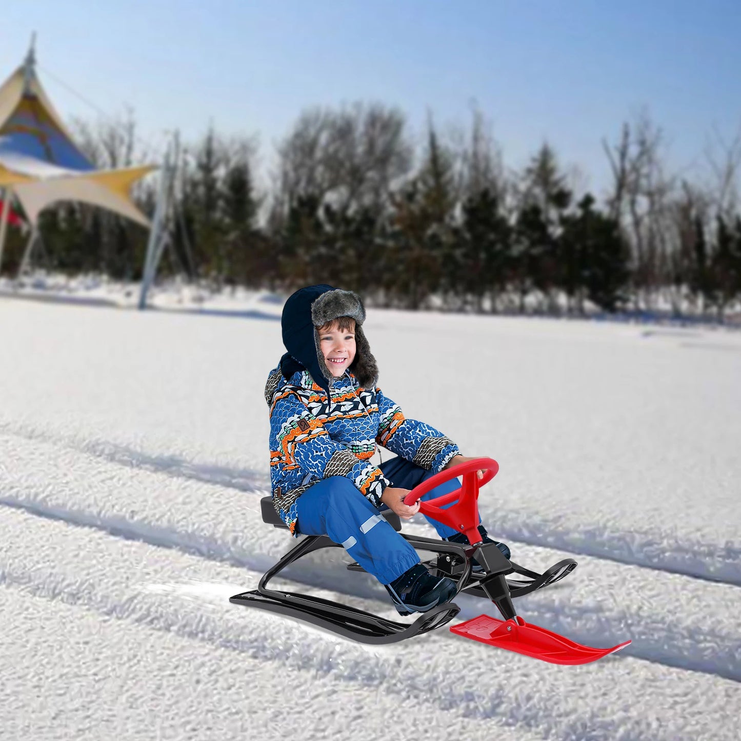 Snow Racer Sled With Steering Wheel Brakes Durable Anti Slip Kids Snow Fun