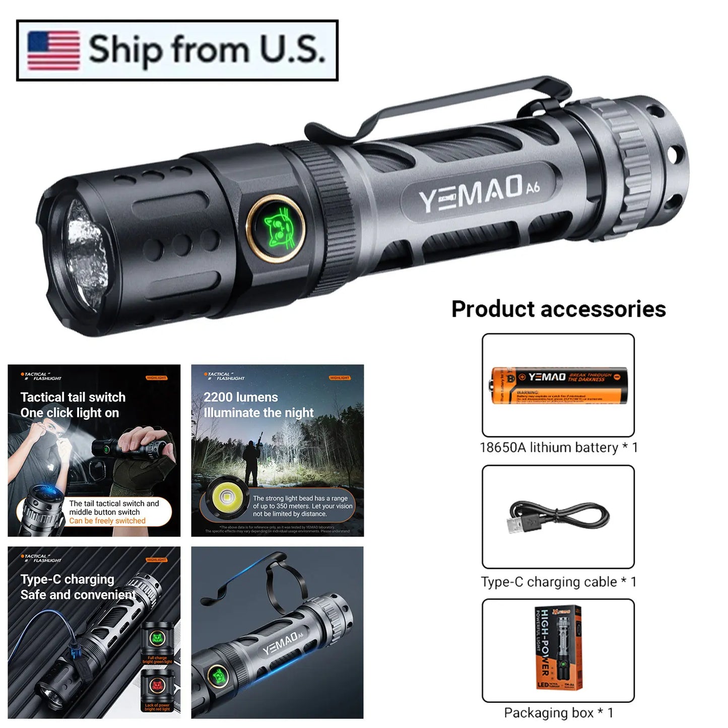 YEMAO 2200Lm LED Flashlight 18650 Rechargeable Torch P80 6500K Self-Defense
