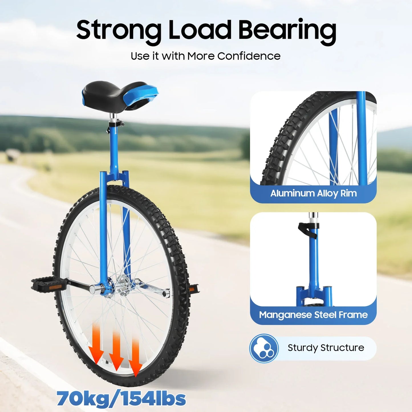 24 Inch Outdoor Unicycle and Exercise Bike Adjustable Height Seat Balance Training Wheel for Fitness Sports 7-60 Years Old Use