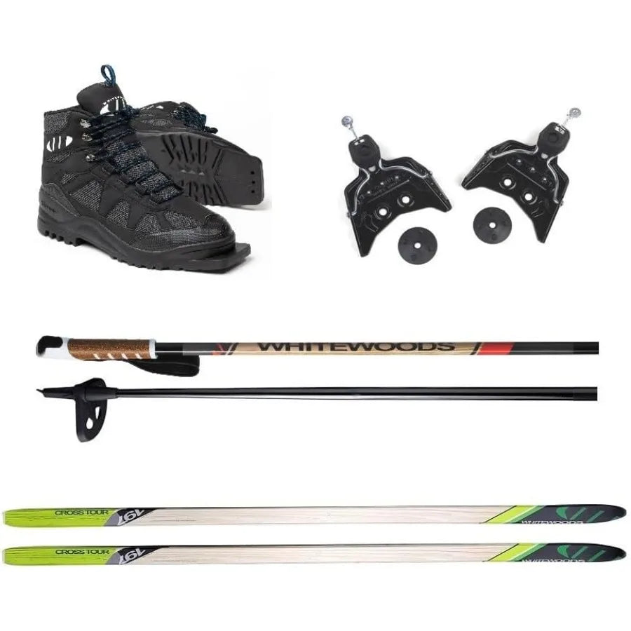 75mm 3 Pin Cross Country Ski Package Boots Bindings Poles 207cm Skis