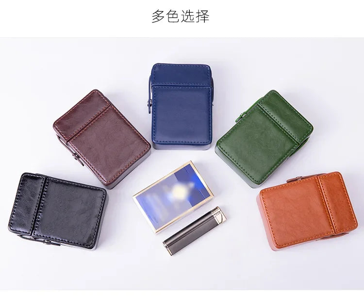 Cigarette Case Stainless Steel PU Flip Lid With Lighter Clip