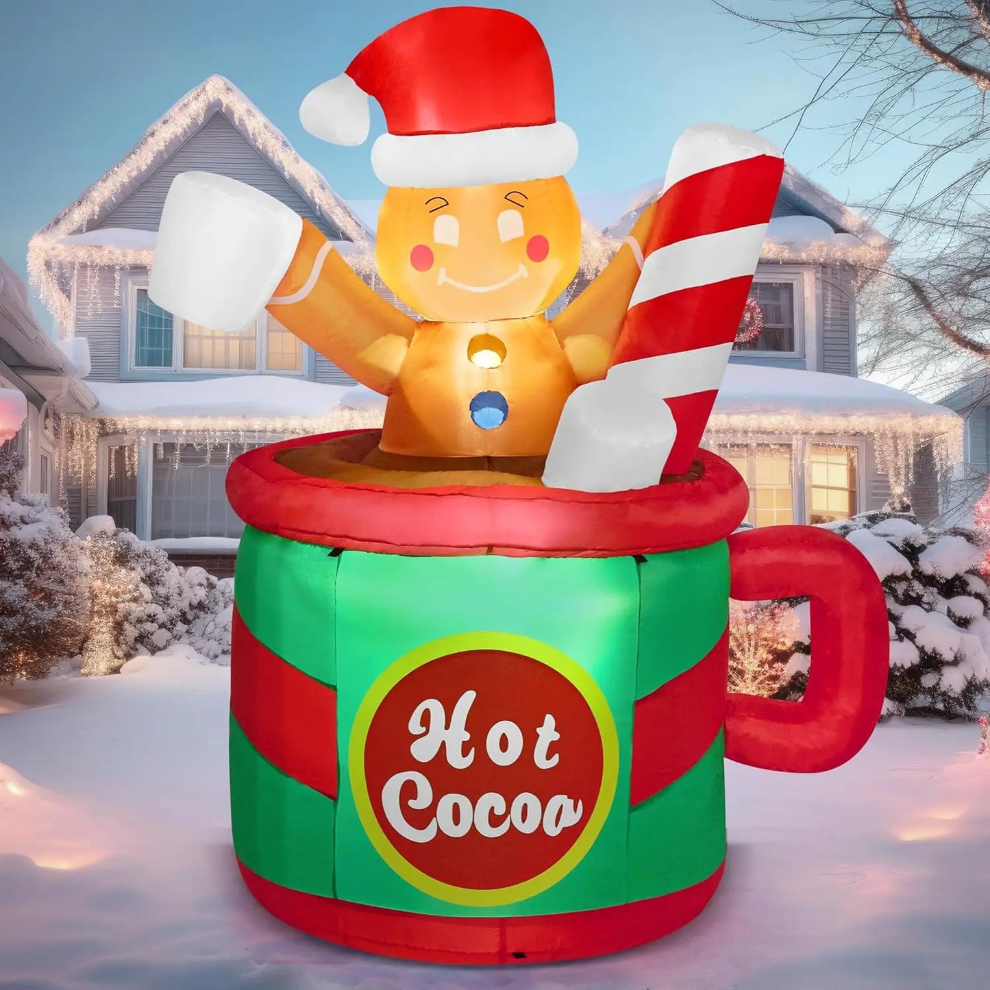 JOYFY 6 FT Tall Christmas Inflatable Gingerbread Man in Hot Cocoa Mug with Build-in LEDs for Xmas Party Outdoor Garden Decor