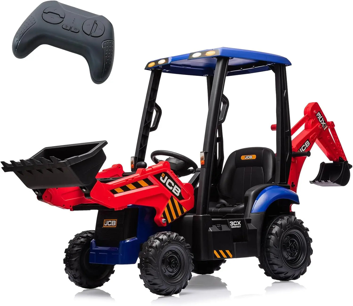 12V JCB Electric Backhoe Loader Toy Car, Battery Powered Ride on Excavator & Wheel Loader Construction Vehicle Toys w/Remote Con