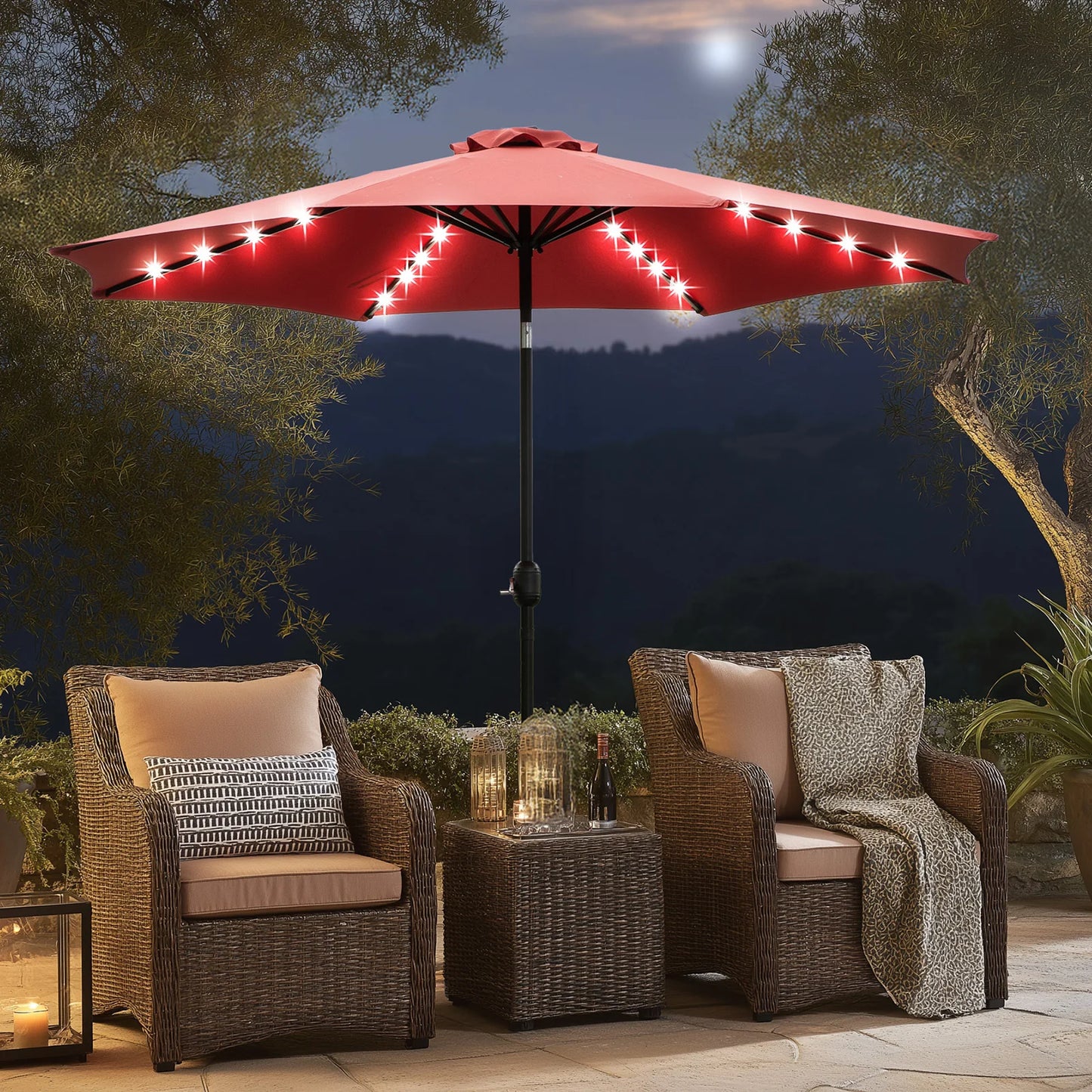 JHK 10ft Solar Patio Umbrella with 32 LED Lights UV Resistant Tilt and Crank