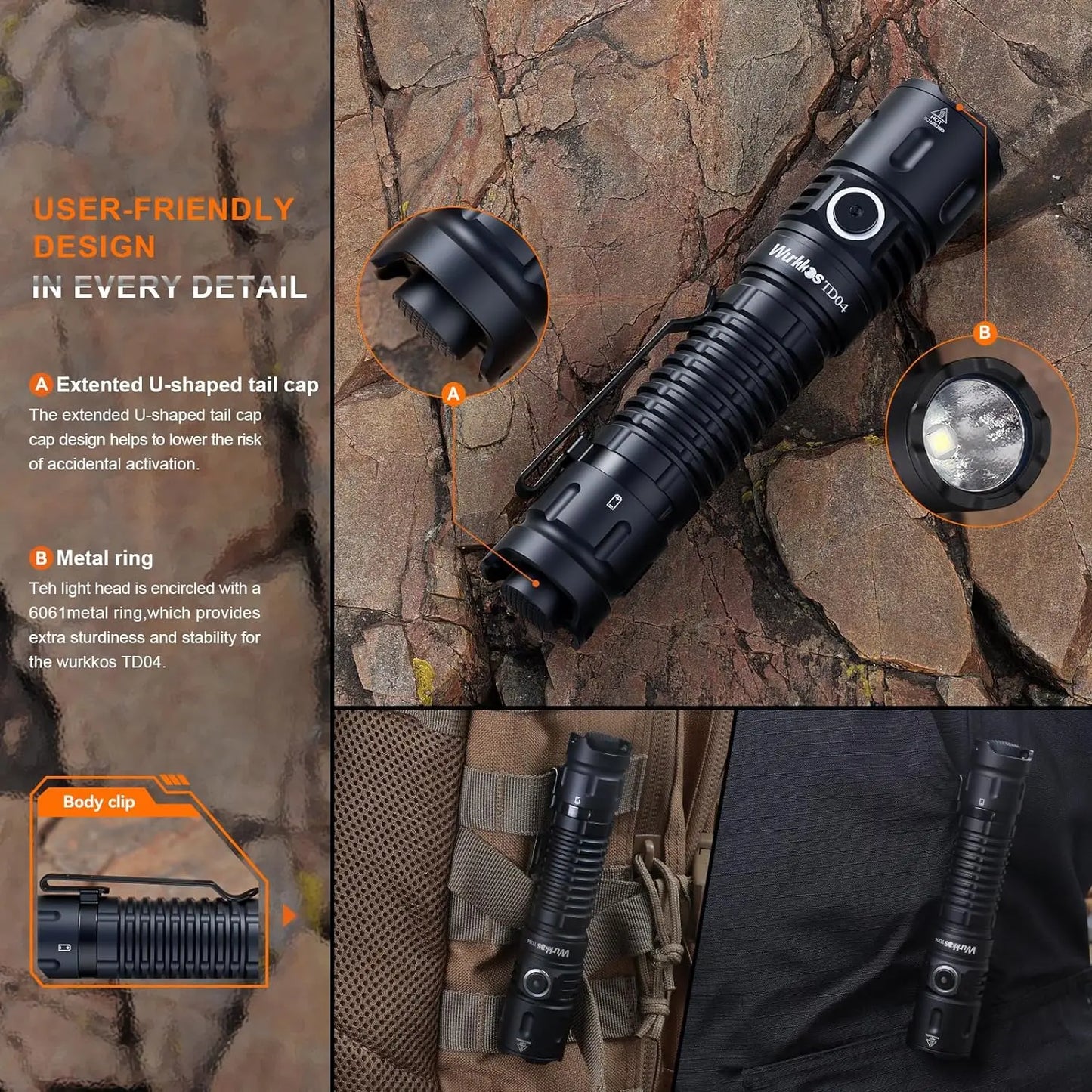 Wurkkos TD04 21700 Rechargeable Tactical Flashlight XHP50D 3000 Lm USB C IP68