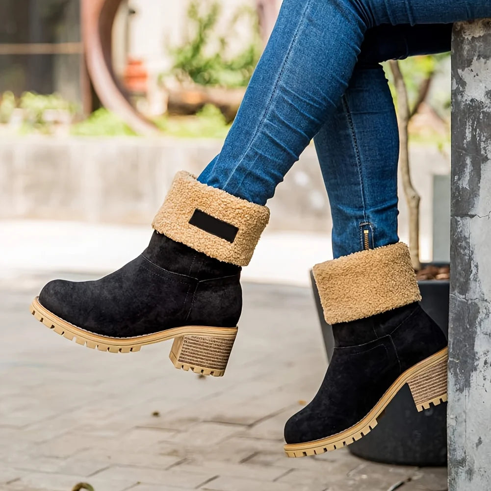 Winter Faux Fur Snow Boots For Women Platform Block Heels Suede Warm Boots