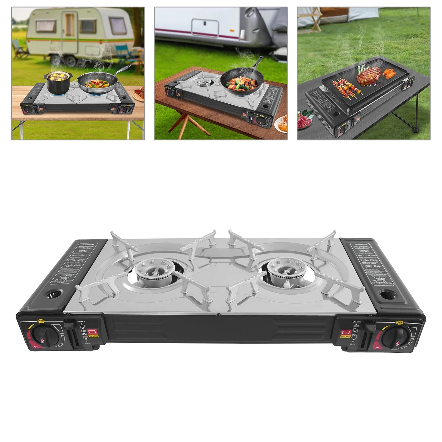 Two Burner Tabletop Butane Camping Stove Portable Case And Baking Tray 63x26x8