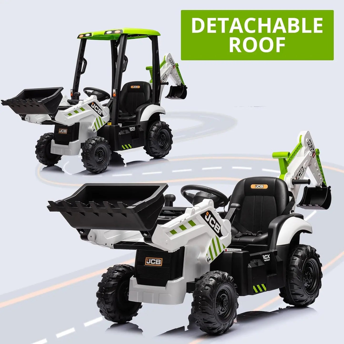 12V JCB Electric Backhoe Loader Toy Car, Battery Powered Ride on Excavator & Wheel Loader Construction Vehicle Toys w/Remote Con