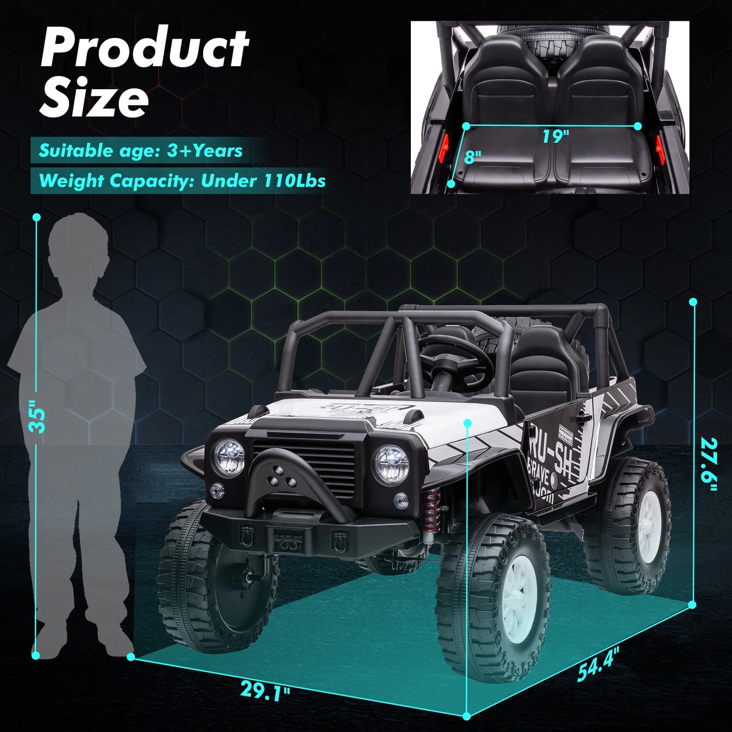 24V Ride On Toys, 2 Seater Kids Jeep with LED Lights,19" Extra Wide Seat,2 Motors,4-Wheel Spring Suspension,Electric Car
