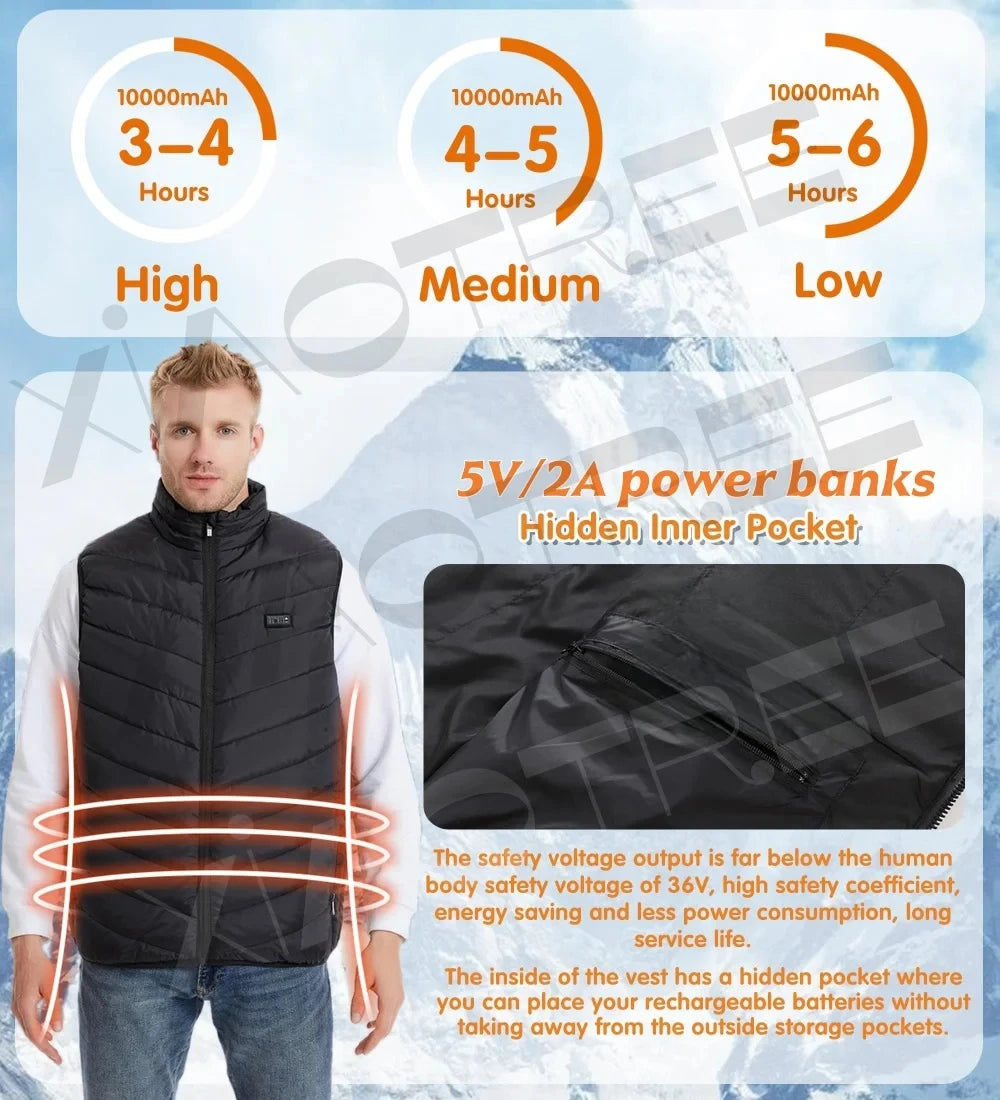 28 By 9 Areas Heated Vest Men Women USB Electric Jacket Thermal Body Warmer 6XL