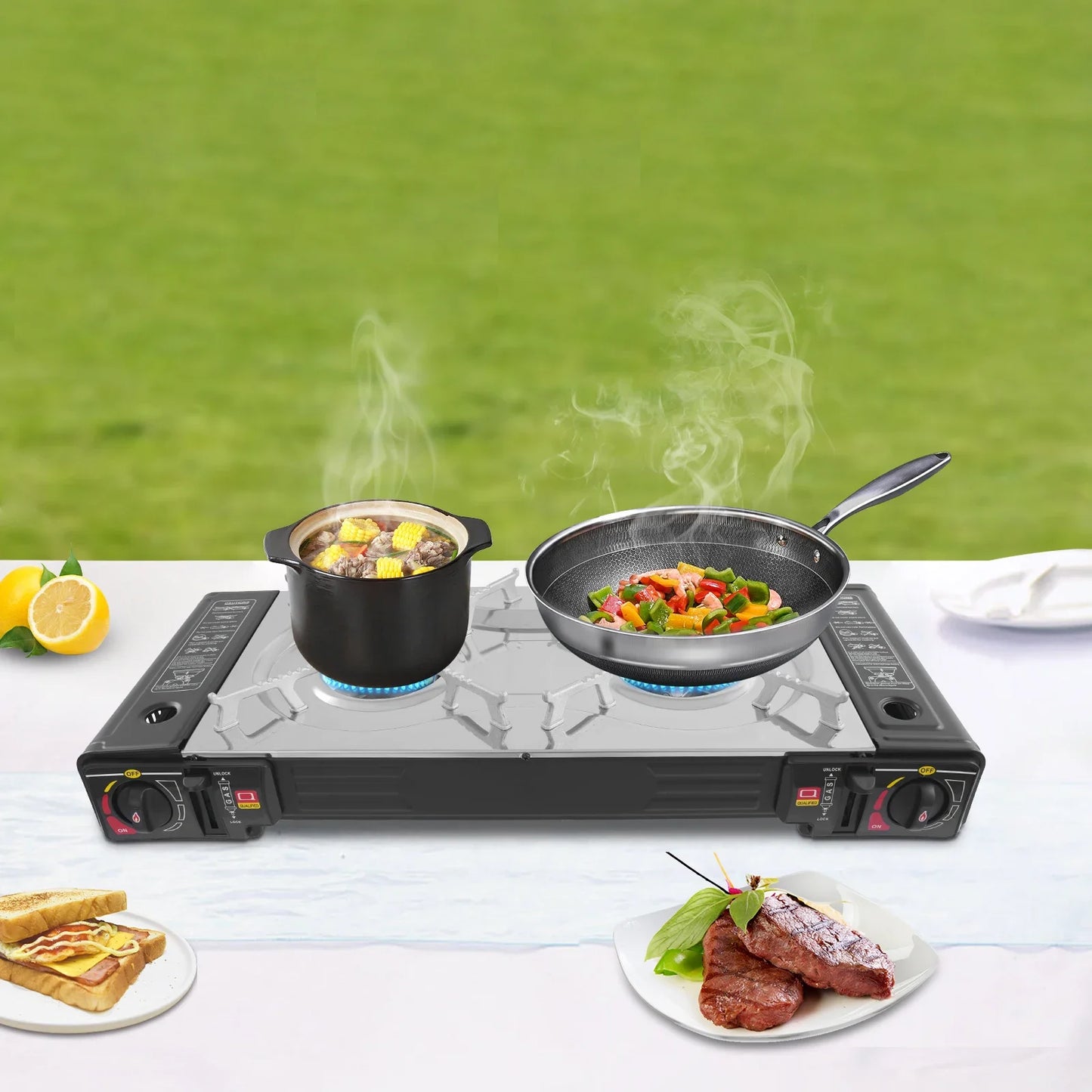 Two Burner Tabletop Butane Camping Stove Portable Case And Baking Tray 63x26x8