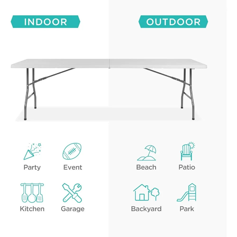 Products 8ft Plastic Folding Table, Indoor Outdoor Heavy Duty Portable w/Handle, Lock for Picnic, Party, Pong