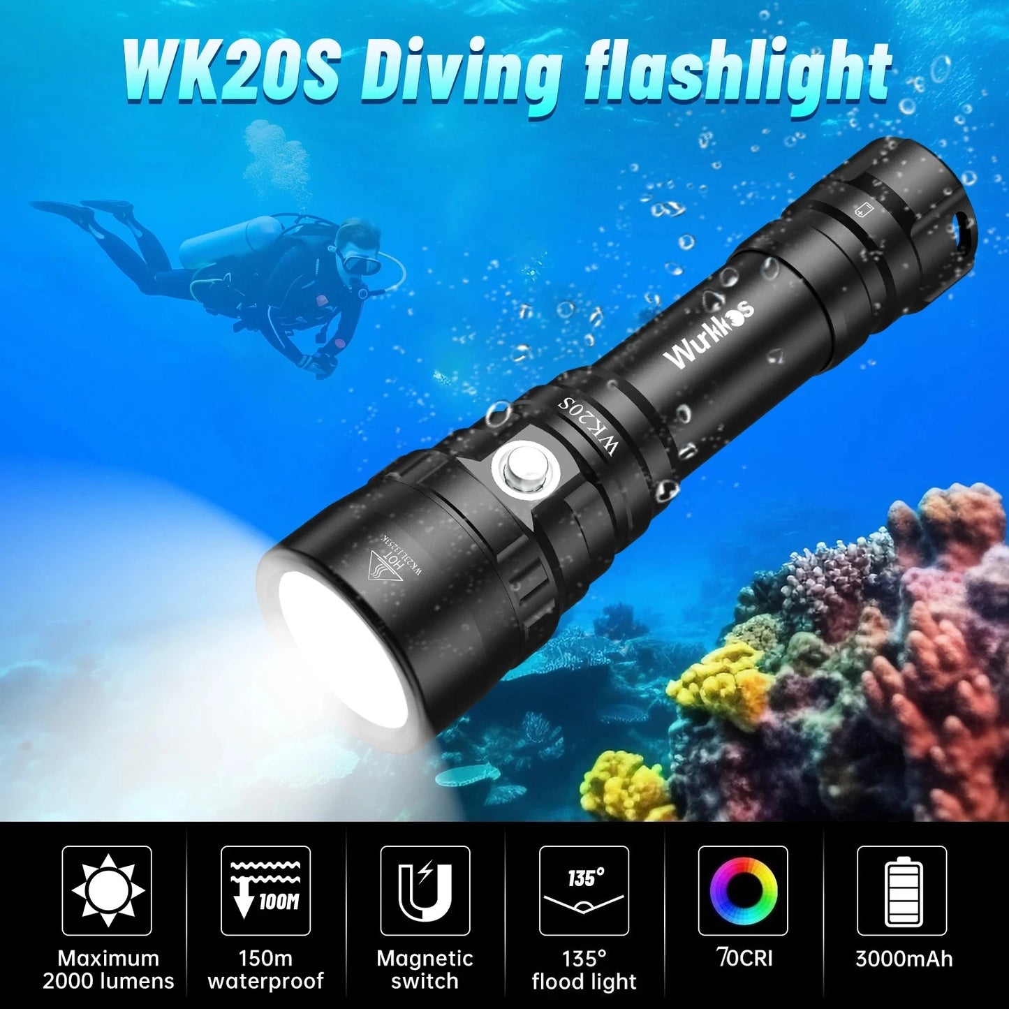 Wurkkos WK20S Diving Flashlight IPX8 2000 Lumen SST40 LED 4 Modes Rechargeable