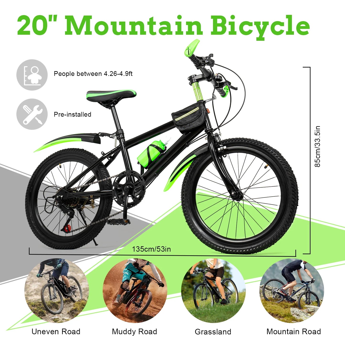 20 Inch Green Mountain Bike For Adults And Teens All Terrain Road Trail Off Road
