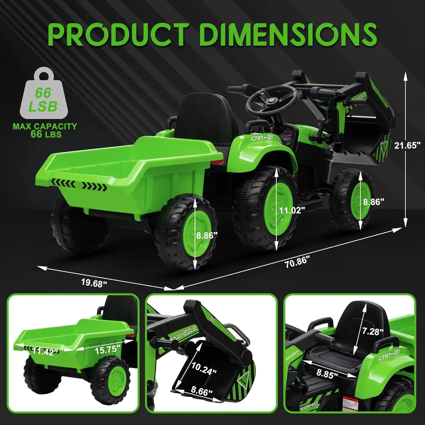 Kids 12V 3 in 1 Ride on Excavator & Tractor with Detachable Trailer, Ride on Car Toy with Remote Control, Digger, LED Lights