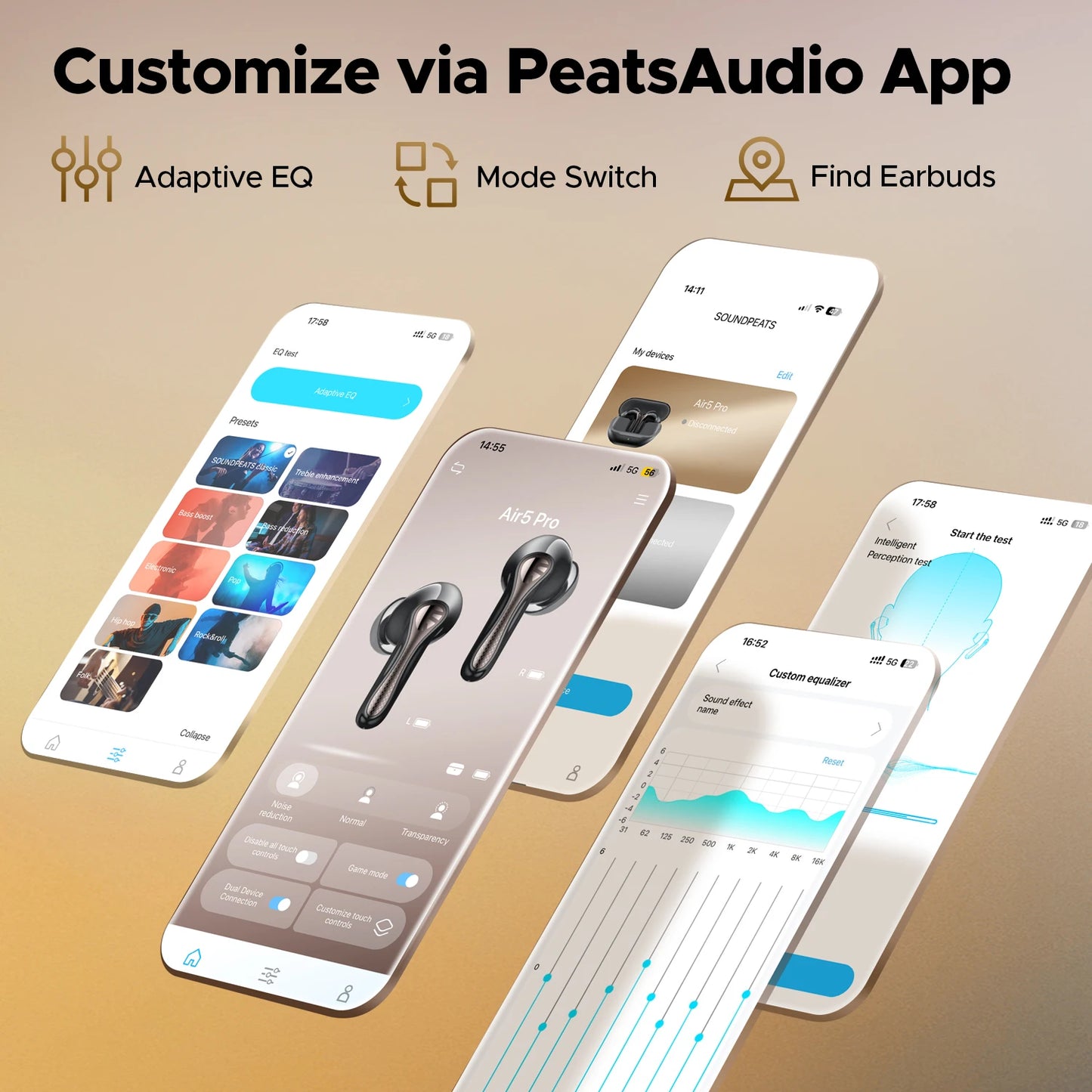 SoundPEATS Air5 Pro Wireless Earbuds Adaptive Hybrid ANC Bluetooth 5.4 Earphones aptX™ Lossless, LDAC LE Hi-Res Audio 6 Mics