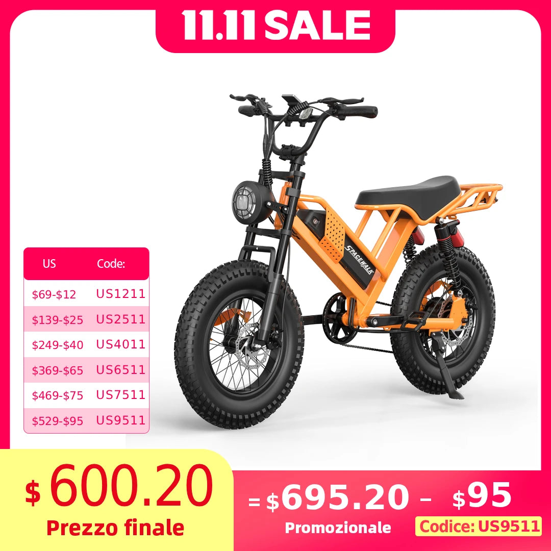 Spacewalk M7 Electric Bike for Adults 750W Electric Bicycle 48V 15AH E Bike 20" Fat Tire Mountain 24.9mph 4X Suspension Ebike