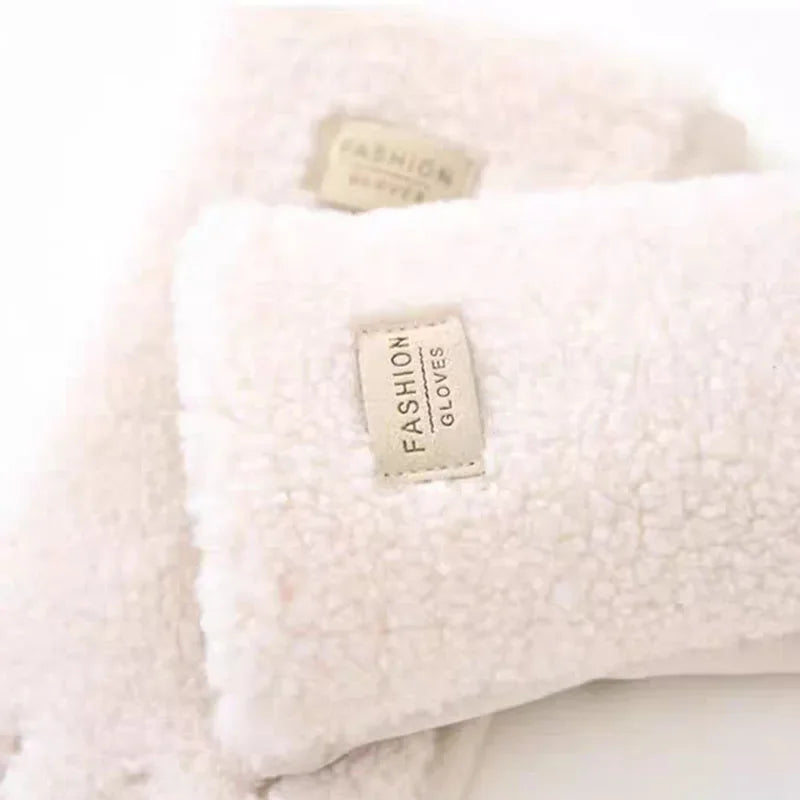 Women Winter Touch Screen Gloves Imitation Teddy Fur Suede Thickened Soft Warm