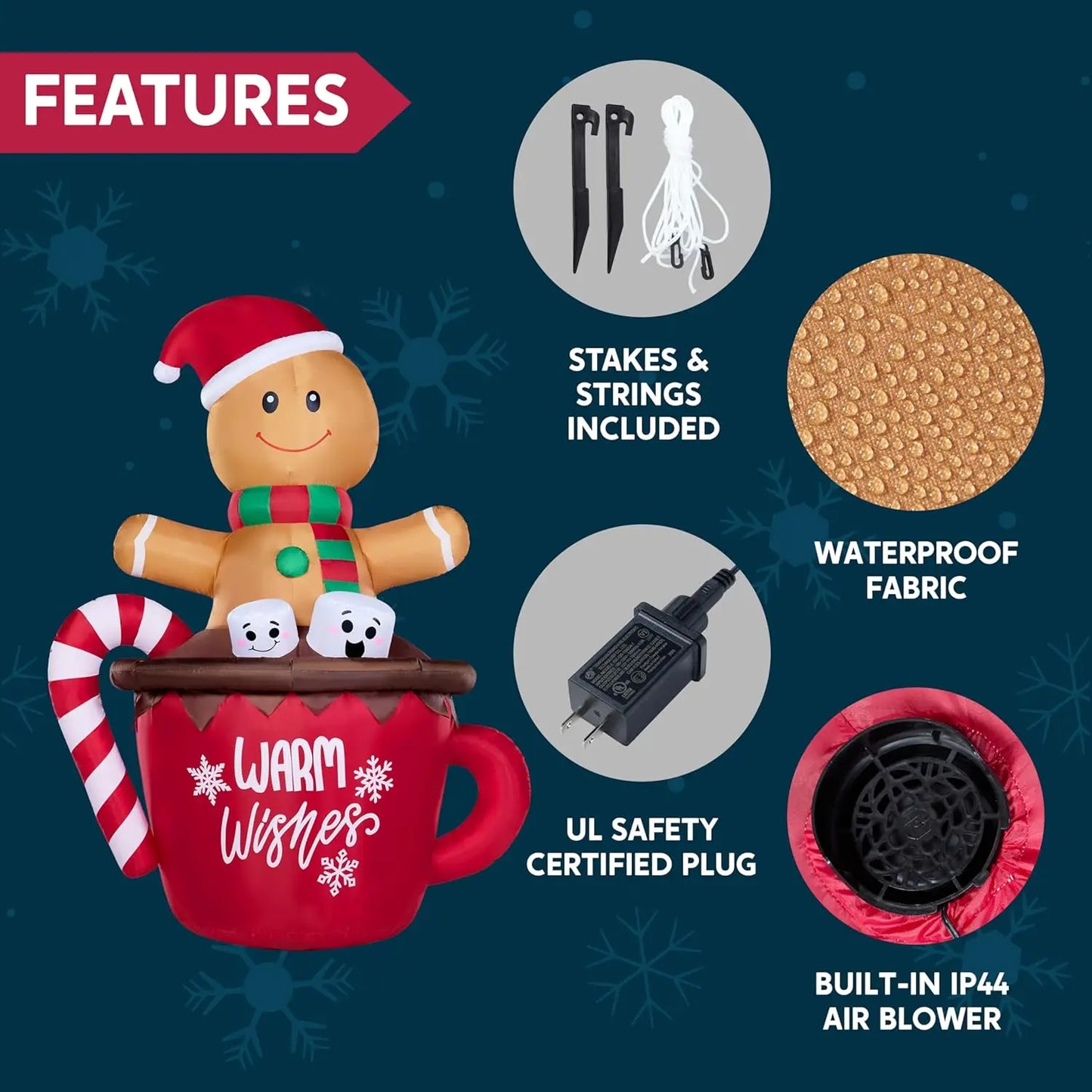 JOYFY 6 FT Tall Christmas Inflatable Gingerbread Man in Hot Cocoa Mug with Build-in LEDs for Xmas Party Outdoor Garden Decor