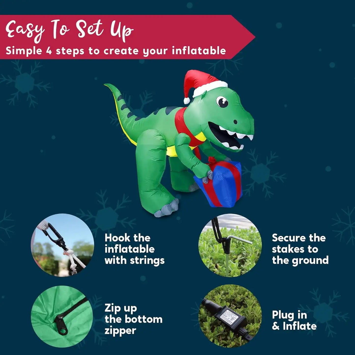 Joyfy 5 FT Christmas Inflatables Dinosaur Outdoor Decorations Christmas Dinosaur with Gift Box Built-in LEDs for Holiday Party