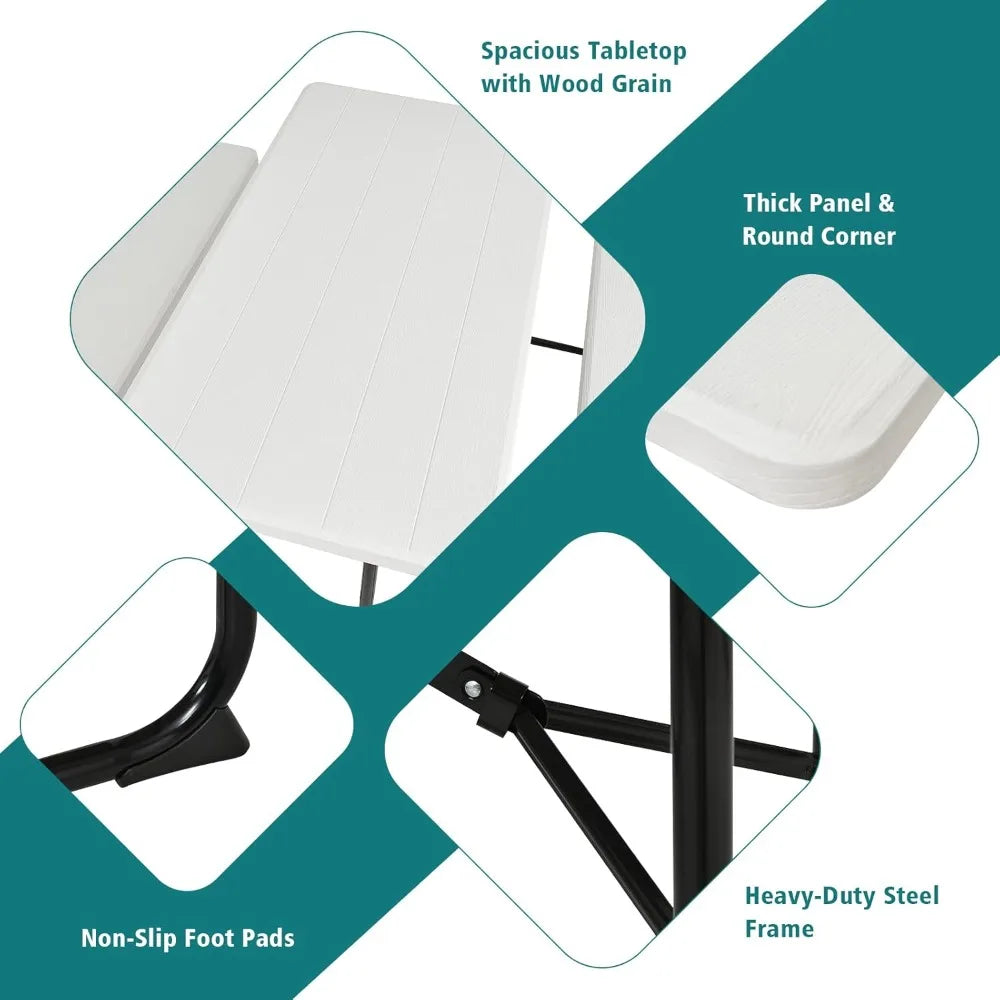 Folding Picnic Table, Plastic Picnic Table with 2 Benches, Outdoor Foldable Table and Bench with Steel Frame & Wood-Lik