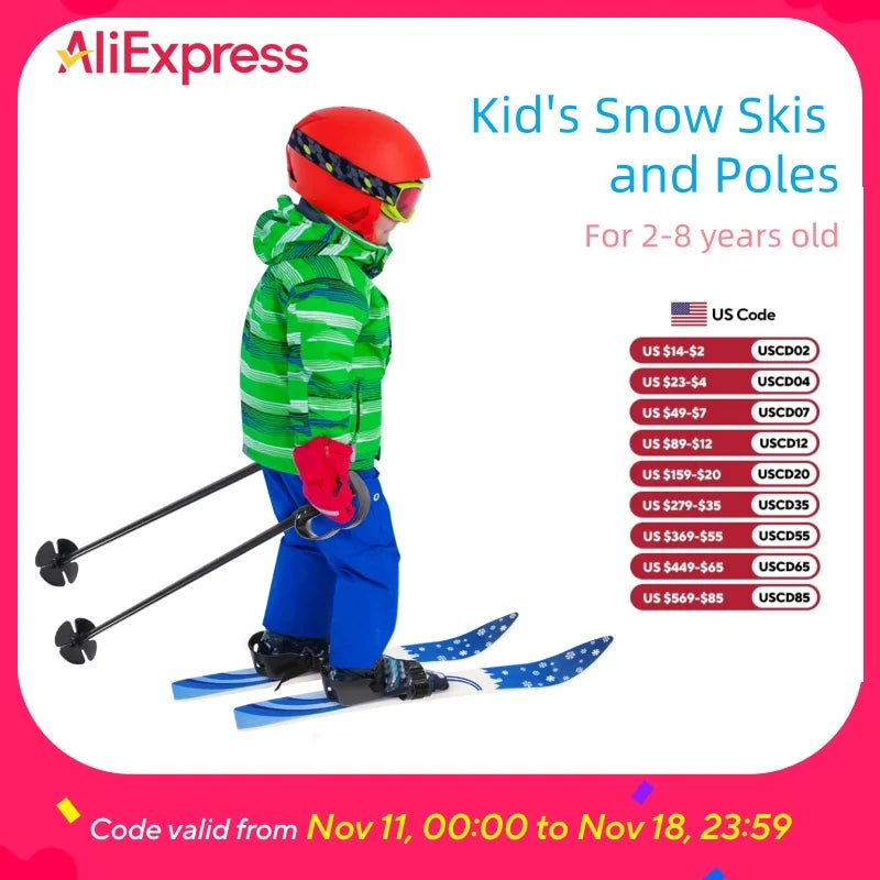 Kids Beginner Snow Skis And Poles For Ages 2 To 8 Lightweight Safe Skiing Gear