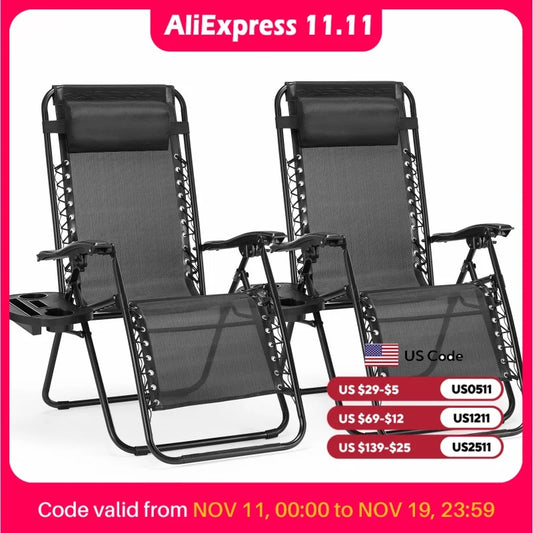 JHK Zero Gravity Recliner Chairs Set of 2 With Cup Holder Trays Outdoor Patio