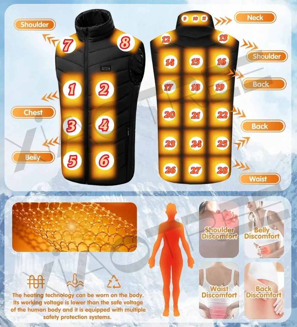 28 By 9 Areas Heated Vest Men Women USB Electric Jacket Thermal Body Warmer 6XL