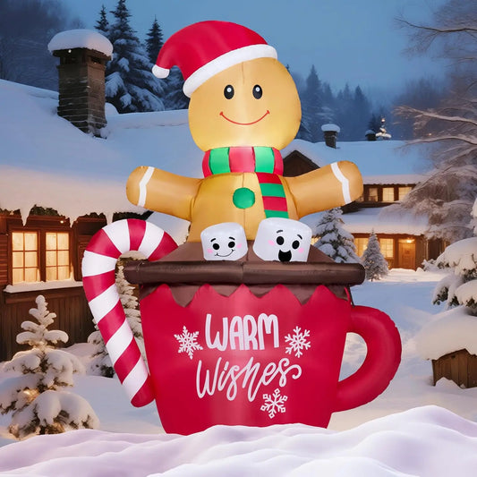 JOYFY 6 FT Tall Christmas Inflatable Gingerbread Man in Hot Cocoa Mug with Build-in LEDs for Xmas Party Outdoor Garden Decor