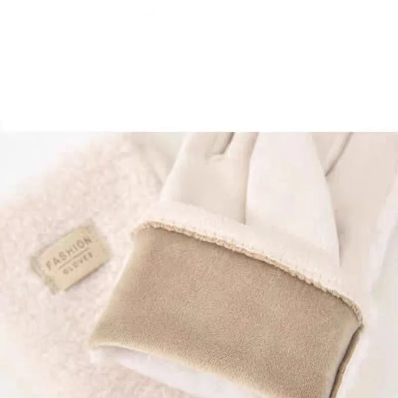 Women Winter Touch Screen Gloves Imitation Teddy Fur Suede Thickened Soft Warm