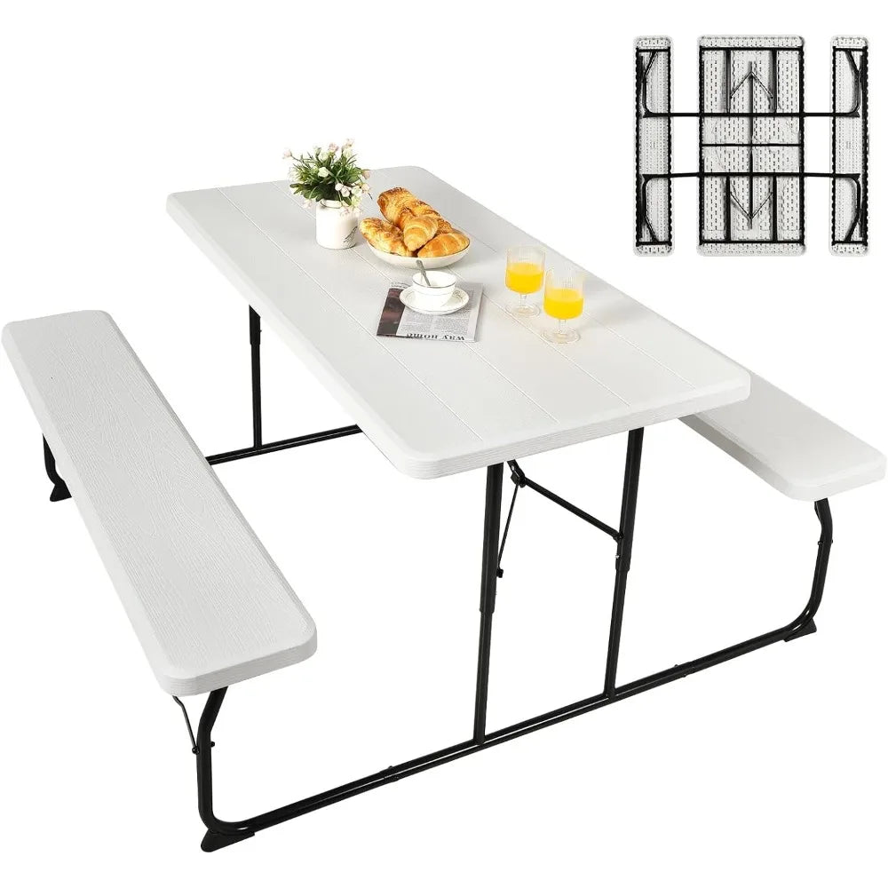 Folding Picnic Table, Plastic Picnic Table with 2 Benches, Outdoor Foldable Table and Bench with Steel Frame & Wood-Lik
