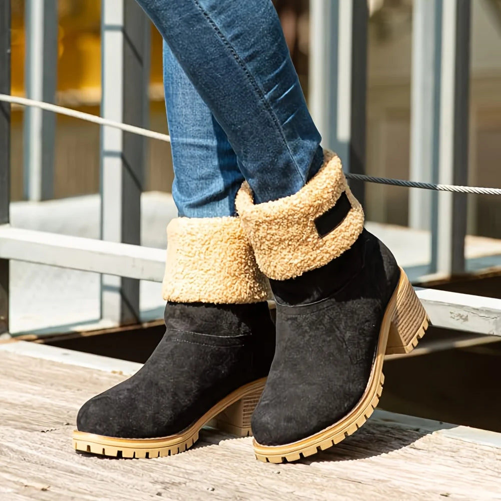Winter Faux Fur Snow Boots For Women Platform Block Heels Suede Warm Boots