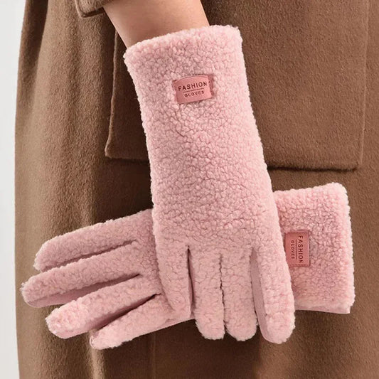 Women Winter Touch Screen Gloves Imitation Teddy Fur Suede Thickened Soft Warm