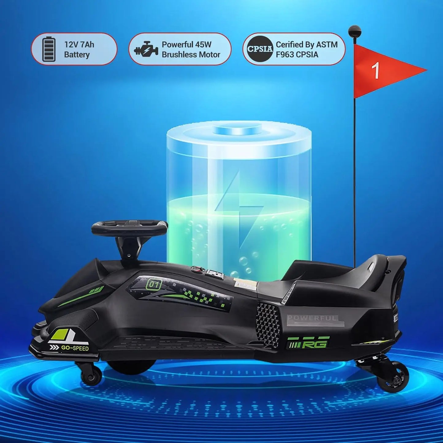 12V Ride On Go Kart with 45W Brushless Quiet Motor 5 mph Electric Drifting Go-Kart Battery Powered Outdoor Ride On Toy for Teens