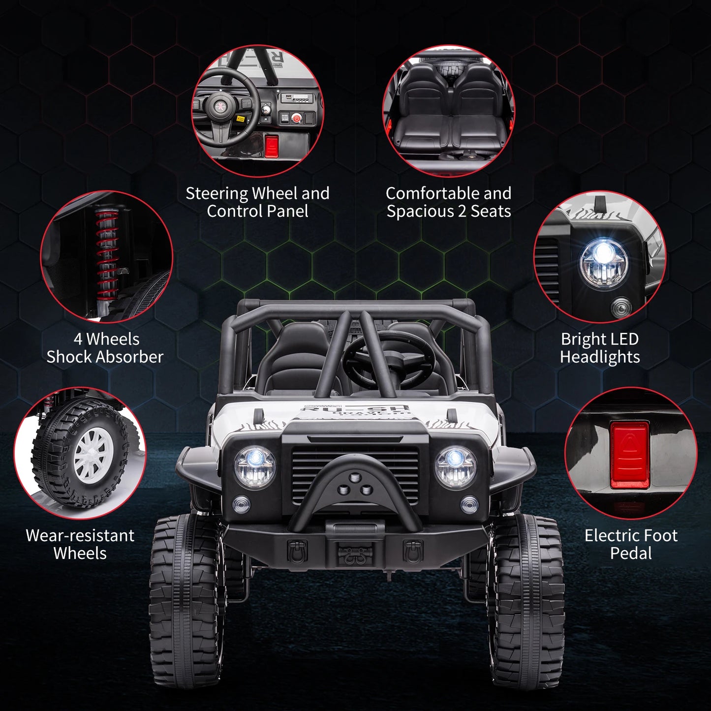 24V Ride On Toys, 2 Seater Kids Jeep with LED Lights,19" Extra Wide Seat,2 Motors,4-Wheel Spring Suspension,Electric Car