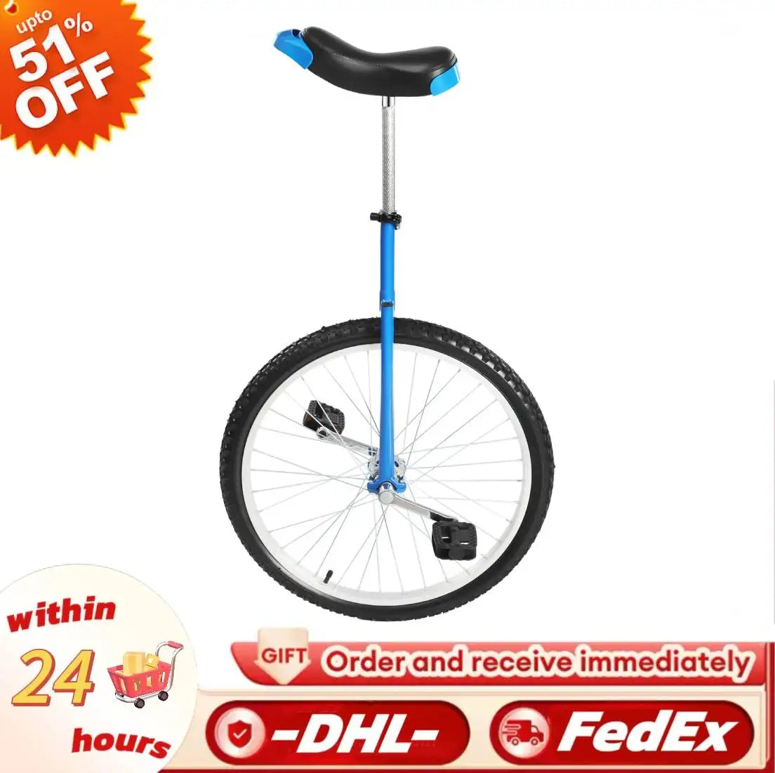 24 Inch Outdoor Unicycle and Exercise Bike Adjustable Height Seat Balance Training Wheel for Fitness Sports 7-60 Years Old Use