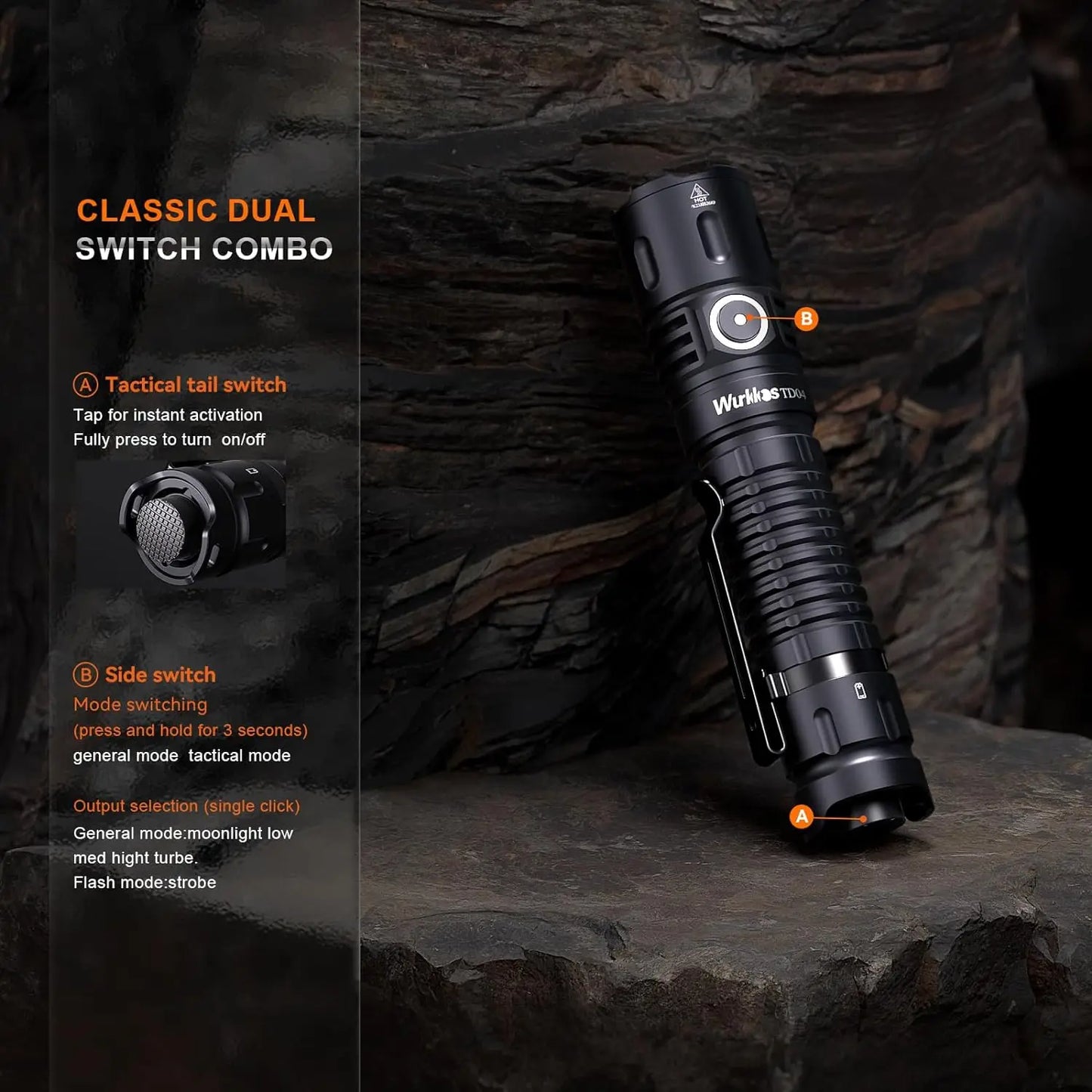 Wurkkos TD04 21700 Rechargeable Tactical Flashlight XHP50D 3000 Lm USB C IP68