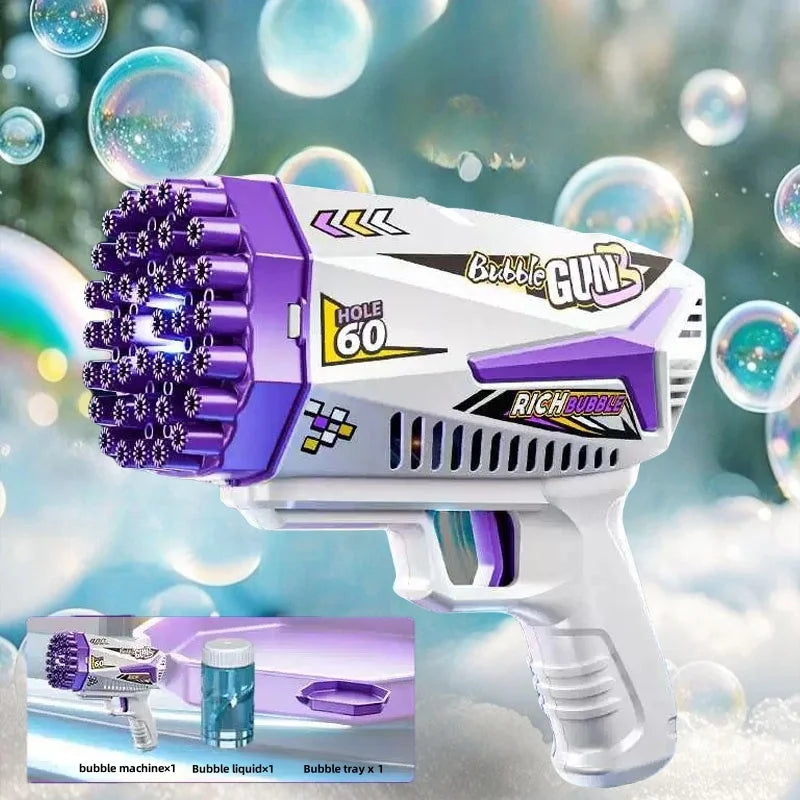 Large capacity rechargeable automatic bubble gun with colored lights, plastic material, suitable for indoor and outdoor birthday