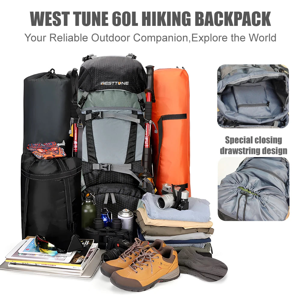 WestTune 60L Explorer Internal Frame Backpack With Rain Cover Hiking Camping