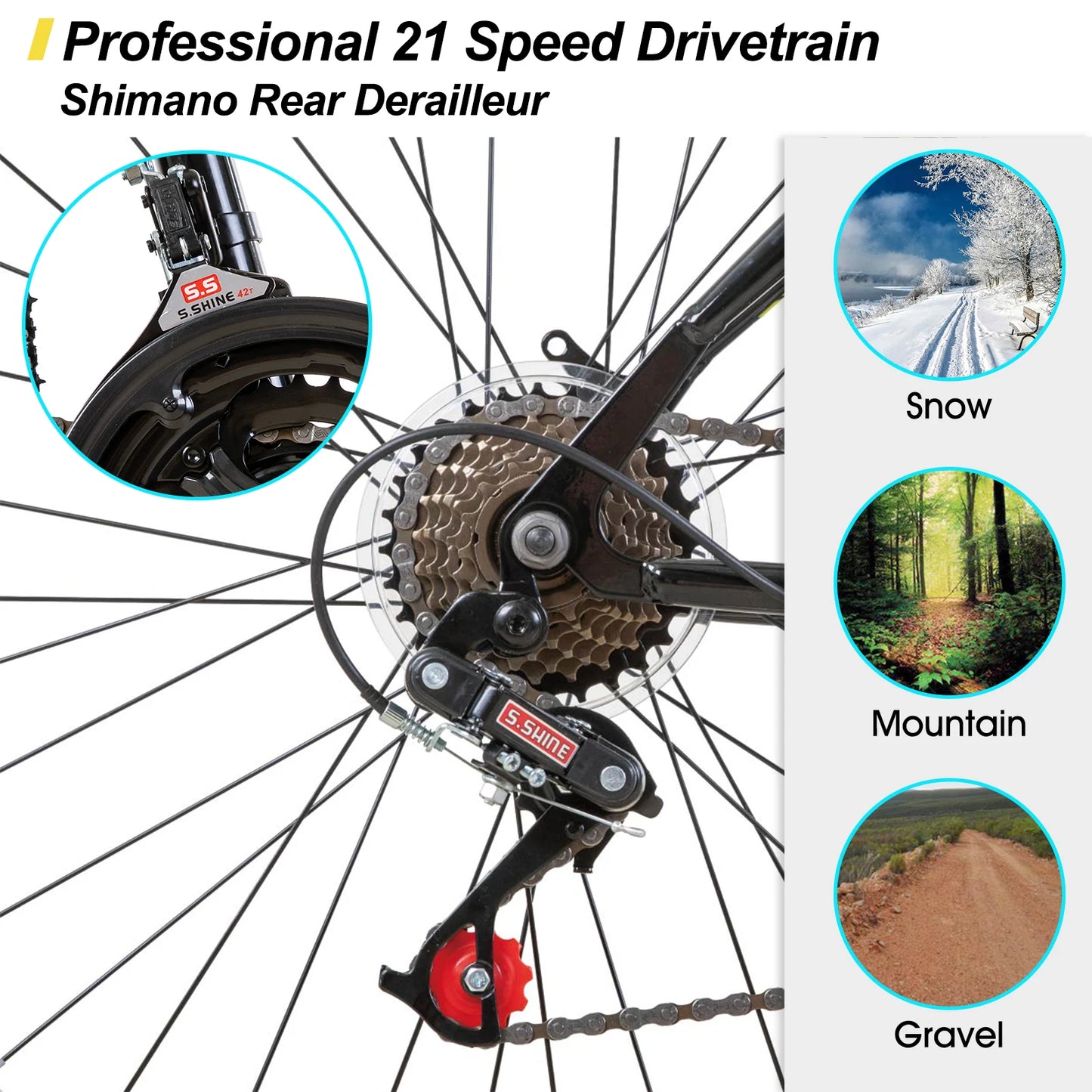 Hiland 24 26 Inch Mountain Bike For Men Women 21 Speed Steel Frame MTB Bicycle