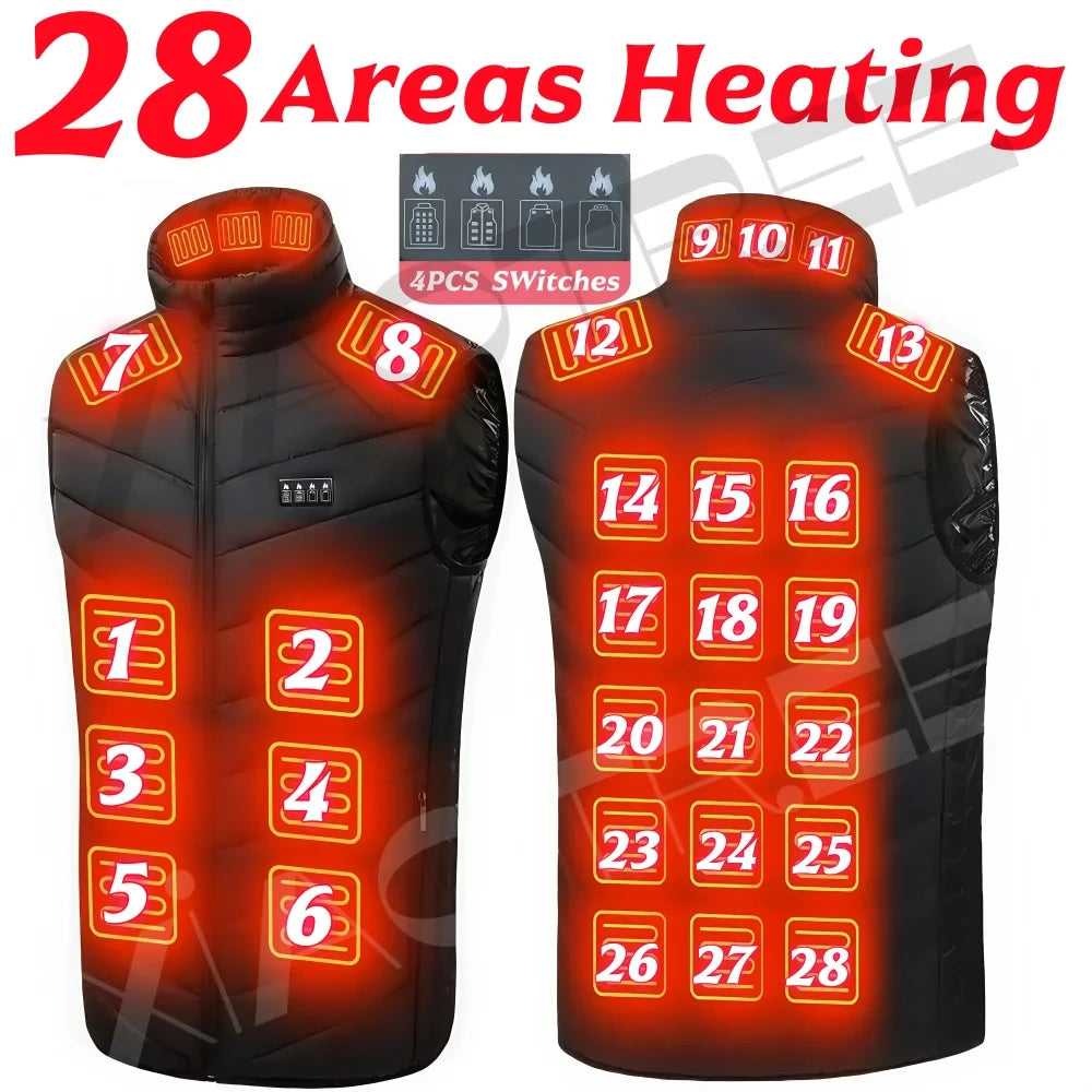28 By 9 Areas Heated Vest Men Women USB Electric Jacket Thermal Body Warmer 6XL