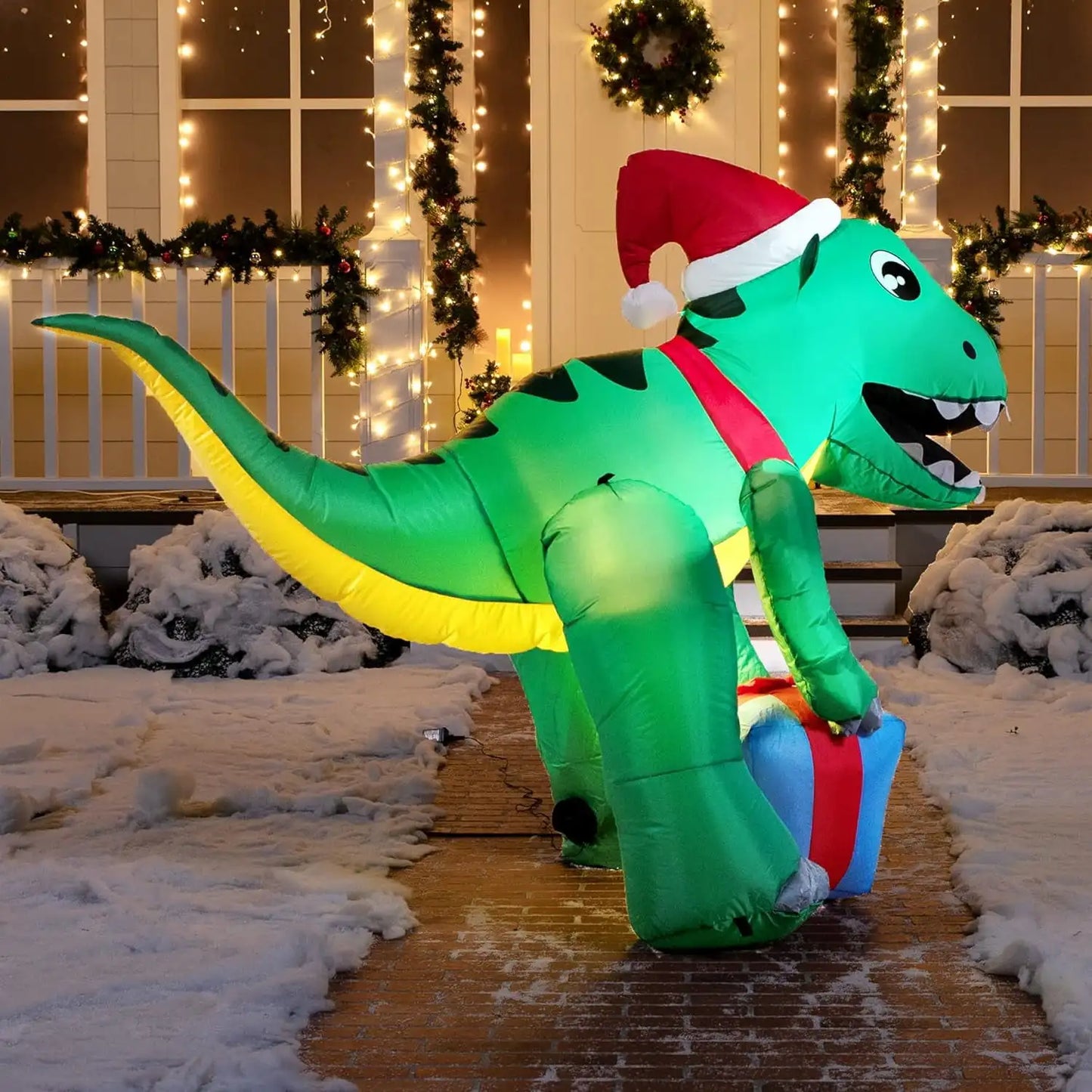 Joyfy 5 FT Christmas Inflatables Dinosaur Outdoor Decorations Christmas Dinosaur with Gift Box Built-in LEDs for Holiday Party