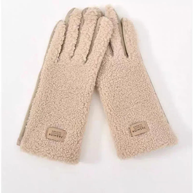 Women Winter Touch Screen Gloves Imitation Teddy Fur Suede Thickened Soft Warm