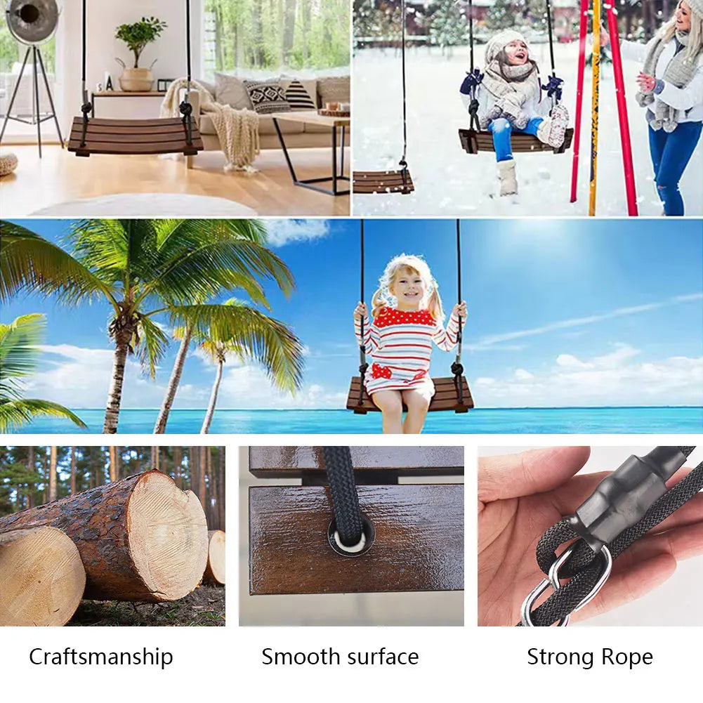 Solid Wood Swing Wooden Swing Seat Adjustable Rope Length Curved Swing Outdoor Rope Swing for Garden Patio Yard