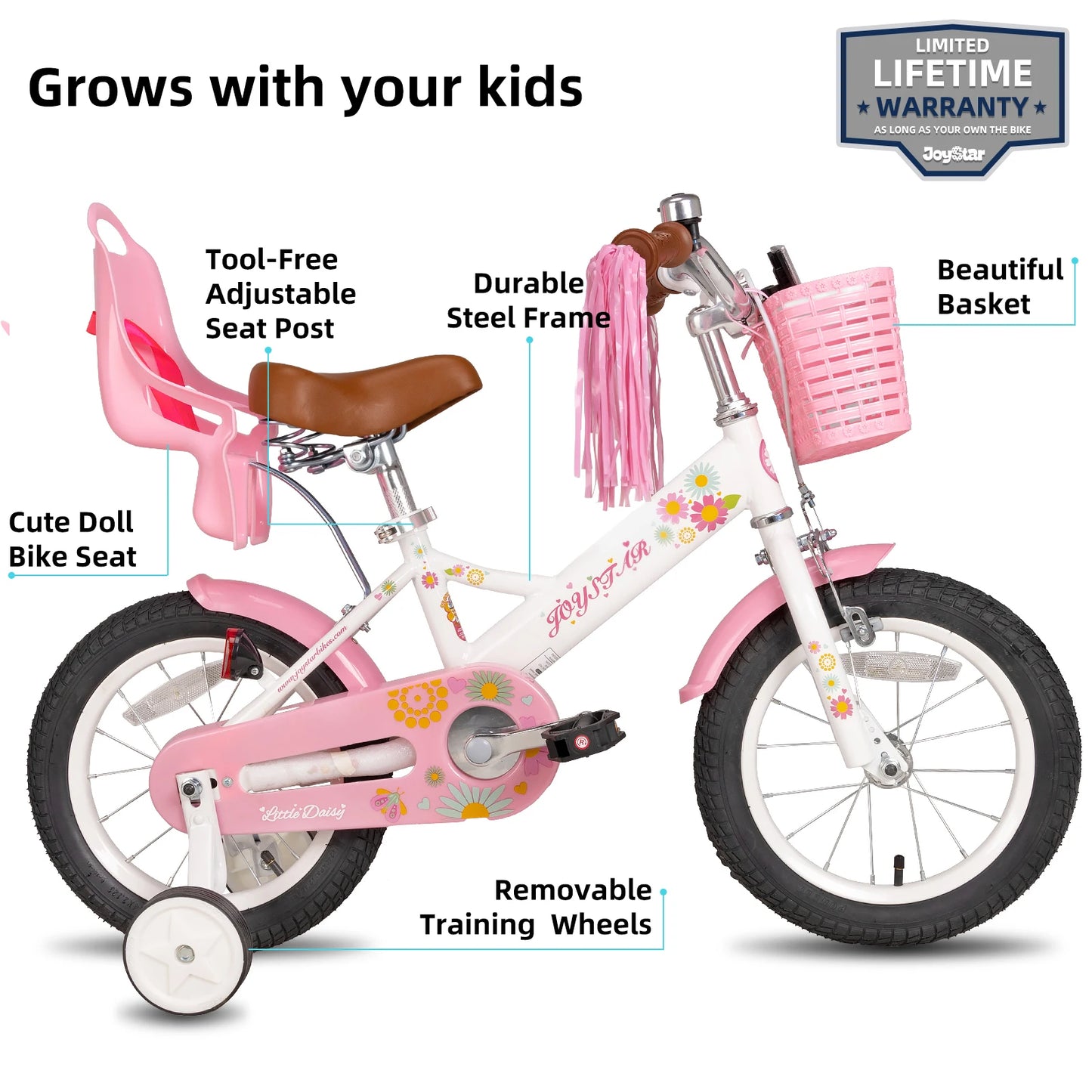 JOYSTAR Little Daisy Kids Bike For Girls Ages 2-7 With Doll Seat Streamers Flag