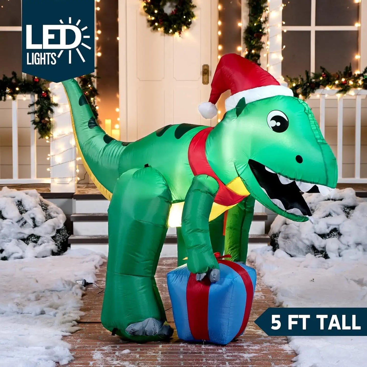 Joyfy 5 FT Christmas Inflatables Dinosaur Outdoor Decorations Christmas Dinosaur with Gift Box Built-in LEDs for Holiday Party