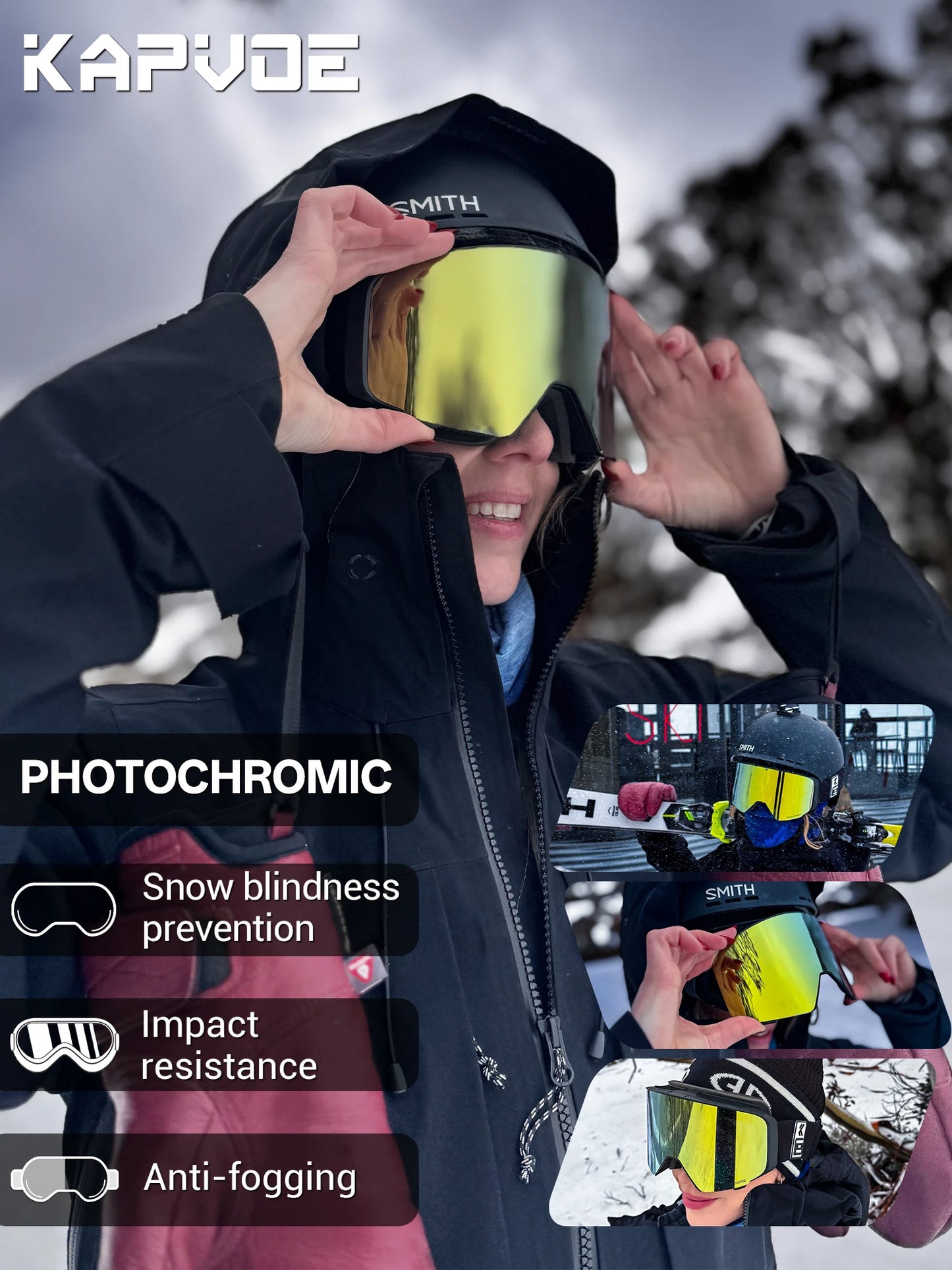 KAPVOE Outdoor Photochromic Ski Goggles UV400 Anti Fog Magnetic Snow Glasses