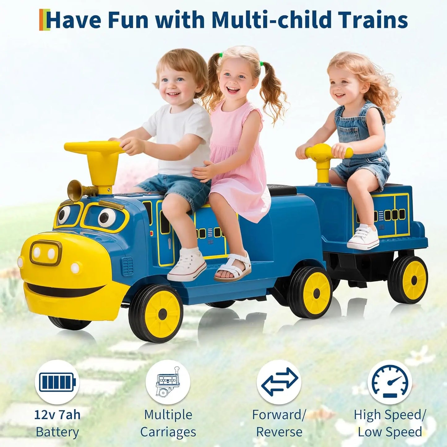 2 Seater Ride On Train Trackless, 12V Kids Ride On Toy with Height Adjustable Seat, Storage Space, Carrige for Toddlers 3+